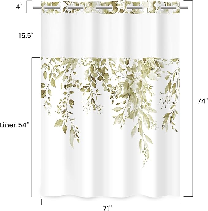 No Hook Shower Curtain with Snap in Liner - Eucalyptus Shower Curtain - Washable Waterproof Inner Liner, Plants Beige Leaves Modern Shower Curtains - Machine Washable, 71 x 74