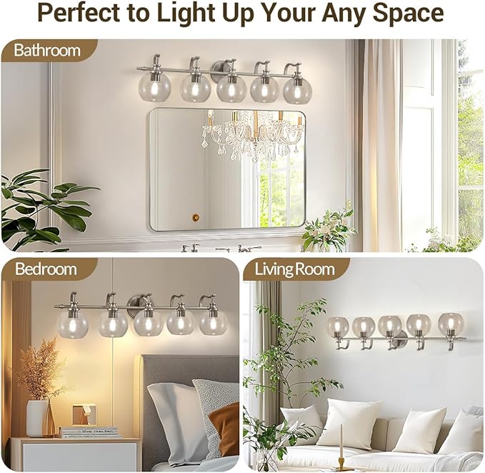 ANDY STAR 5-Light Brushed Nickel Bathroom Light Fixture, 35" Large Wall Sconce, Glass Globe Design, Perfect for Large Bathrooms, Double Vanities, Elegant Linear Design