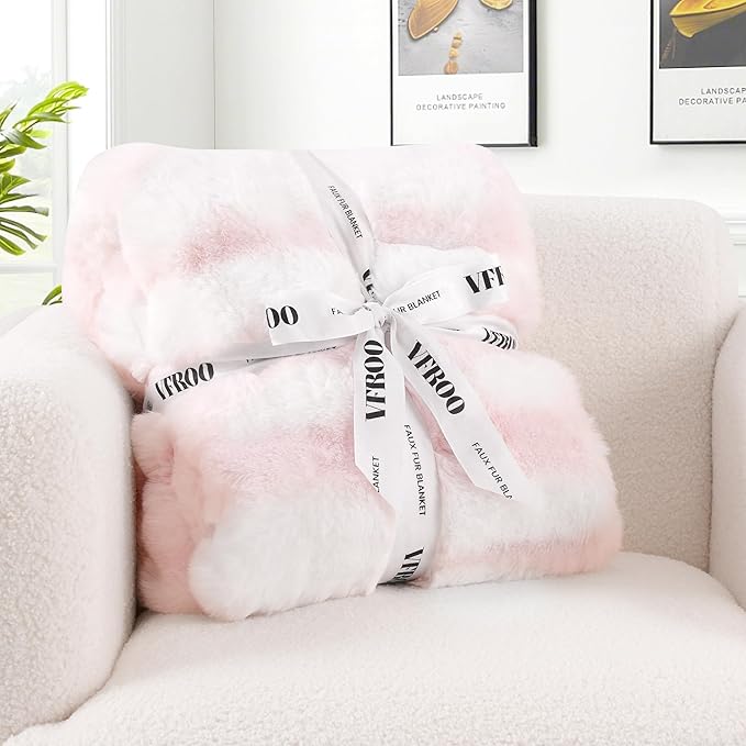 Plush Faux Rabbit Fur Throw Blanket – 850GSM Thick & Warm, Ultra Soft Fluffy Blanket for Couch, Bed, Sofa, Ideal Gift for Women, 50" × 60", Light Pink
