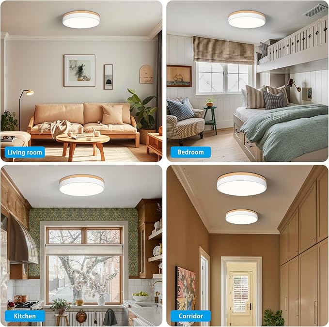 Modern Dimmable LED Close to Ceiling Light Minimalist Wood Oak Flush Mount Ceiling Light Fixture Circle Lighting with Lampshade for Bedroom Living Room Bathroom Laundry Room (White, 15.7'')