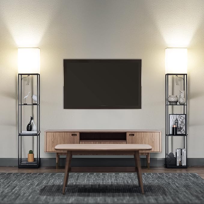 SUNMORY Floor Lamp with Shelves, Modern Square Standing Lamp with 3 Color Temperature Bulb, Corner Display Bookshelf Lamp for Living Room and Bedroom(Black)