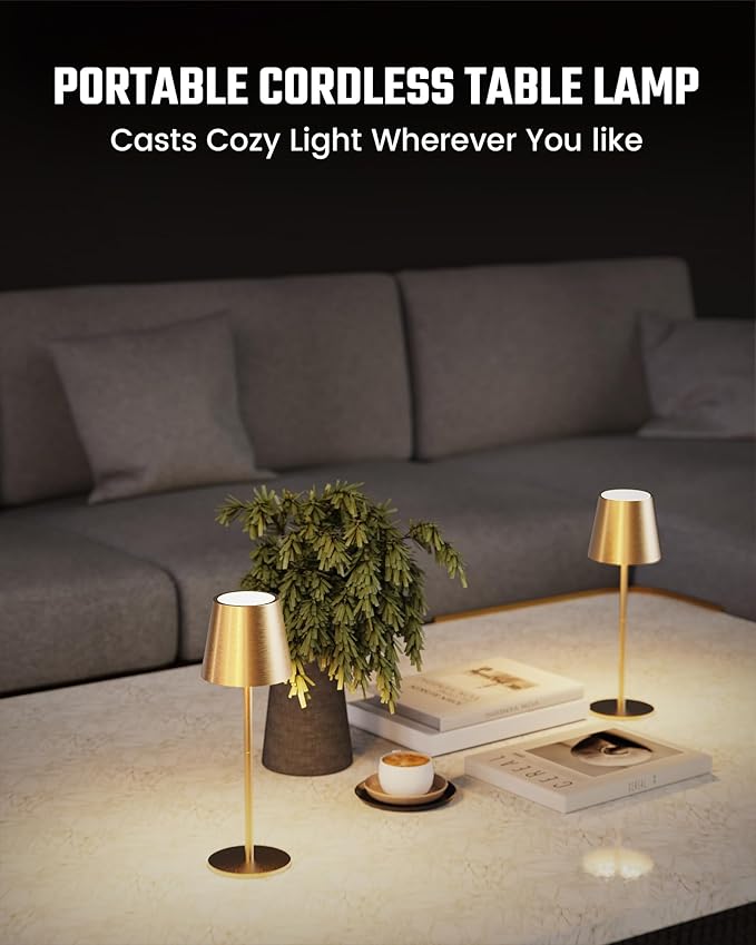 JACKYLED Cordless Table Lamps Rechargeable, 3 Adjustable Height, 5000mAh Battery Operated, 3 Colors Smooth Dimming, Portable LED Waterproof Table Lamp for Dining, Bedroom, Outdoor-Gold