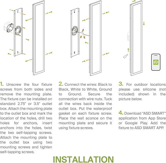 ASD LED 18" Long Wall Mount Light Fixture, Outdoor & Indoor Linear Sconce | RGBW, Smart, Waterproof, Anti-Rust, ETL Listed | 12W 590LM 2700-6500K 100-277V | Exterior Porch Lighting | Black