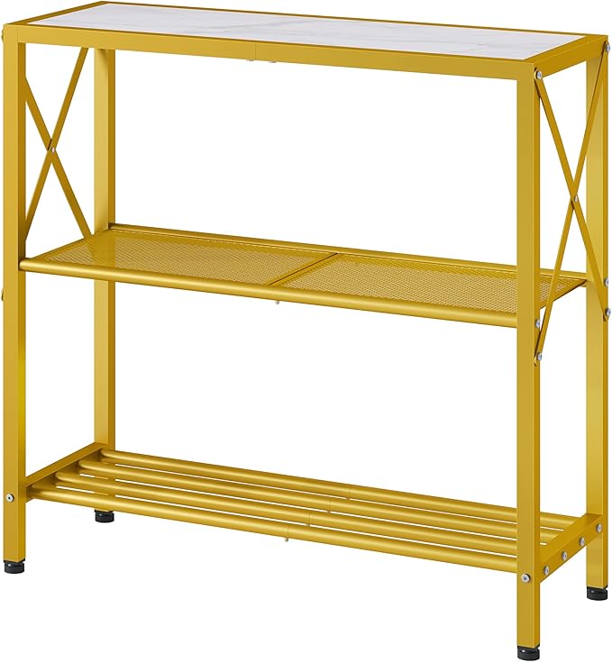 Hoctieon Industrial Console Table, 3 Tier Entryway Table, Metal Frame, Sofa Tables with Shelf, Hallway Desk, Entrance Tables for Entryway, Living Room, Foyer, Hallway, Gold and White