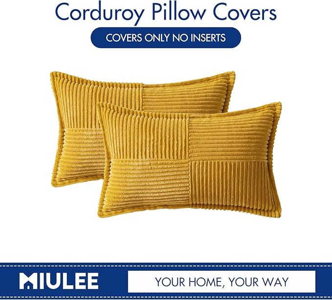 MIULEE Decorative Lumbar Throw Pillow Covers for Couch Bed Livingroom 12x20 Inch Set of 2 Fall Mustard Yellow Boho Accent Throw Pllows Broadside Striped Patchwork Soft Corduroy Pillowcases