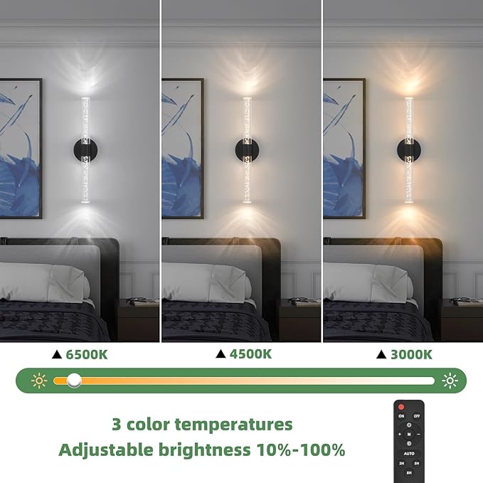 Battery Operated Wall Sconces Set of 2, Black 20'' Rechargeable Crystal Bubble Wall Sconce with Remote Control, 3000K-6000K Dimmable LED Wireless Wall Lights for Living Room Bedroom Bathroom Hallway