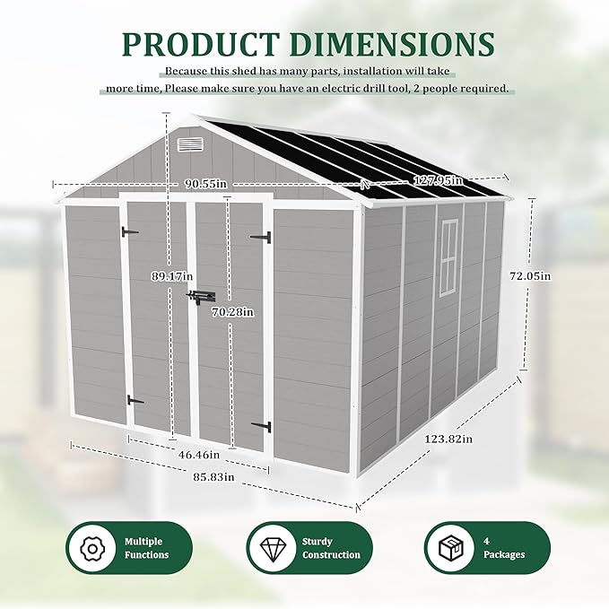8x10 FT Outdoor Storage Resin Shed with Floor, Plastic Garden Tool Shed with Sloped Roof, Lockable Door & Windows, Easy to Assemble Bike Shed for Lawn, Backyard, Patio, Grey