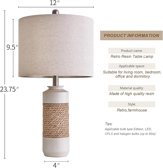 OYEARS 23.75" Bedside Table Lamps Set of 2 for Sleeping and Reading, Vintage Farmhouse Rattan Table Lamp Antique White Resin Lamp for Decoration, Office Living Room Bedside Table