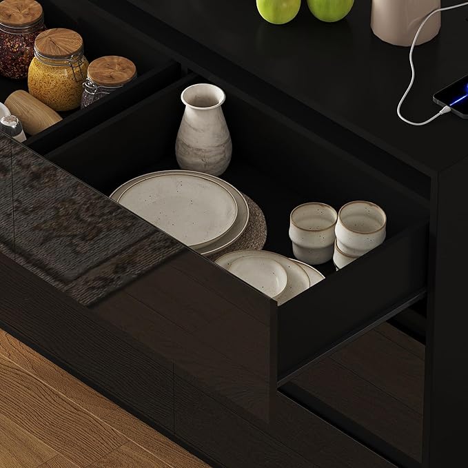 Black TV Stand, Storage Cabinet with 9 Drawers for Bedroom Modern Large High Gloss Cabinet for Living Room Office (63" W)