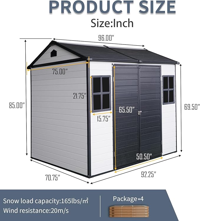 8x6 FT Outdoor Storage Resin Shed with Floor, Waterproof Plastic Garden Tool Shed with Windows, Vents & Lockable Door and Sloped Roof, Easy to Assemble Bike Shed for Patio, Backyard, Lawn, White