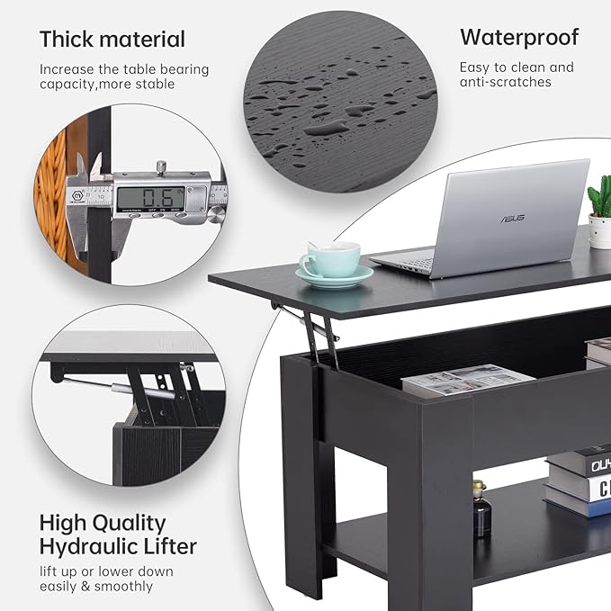 FDW 39.4" Lift Top Coffee Table with Hidden Compartment and Storage Shelf Wooden Lift Tabletop for Home Living Room Reception Room Office (Black)