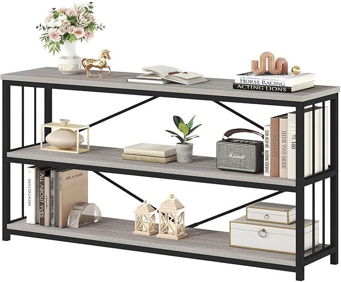 HSH Long Bookshelf, Large Wood Wide Grey Horizontal Book Shelf Under Window, Modern Open Etagere Bookcase for Bedroom Living Room, Industrial Wooden Metal Display Bookshelves for Home Office, 63 Inch