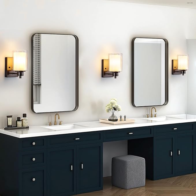 3 Pack Bath Vanity Light Fixtures 1-Light, Indoor Oil Rubbed Bronze Wall Light with Dual Glass Shade, Farmhouse Bathroom Wall Scone, Vintage E26 Bese Wall Mount Lighting