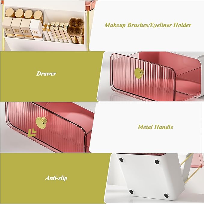 FOLLOWIN Bathroom Organizers and Storage with Drawer,Vanity Storage Organizer with Makeup Brushes Holder, Perfume Lotion Cosmetic Organizer,Blush Pink