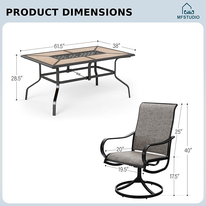 MFSTUDIO Patio Table and Chairs Set of 6, Patio Dining Sets with Umbrella Hole, 7 Piece Outdoor Dining Set for Deck, Backyard, Poolside & Garden