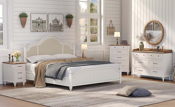 WAMPAT 6 Drawers Dresser for Bedroom, Mid Century Chest of Drawers Distressed Kids Dresser, Wooden Storage Dressers Organizer Cabinet for Living Room, Off White, 47 Inch