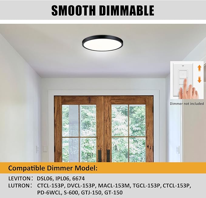 Flush Mount Ceiling Light Fixture, 14 Inch LED Modern Kitchen Light, Slim Dimmable Black Flush Mount Light for Low Ceiling, Laundry, Hallway, Metal and Glass Lighting, 26W, 3000K