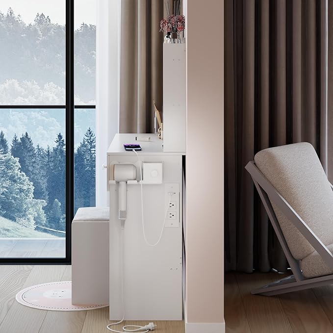 31.5" Small Vanity Desk with Round Mirror and Lights, Makeup Table with 2 AC+2 USB Power Station, Hair Dryer Bracket, Vanity Set with Drawers and Stool for Small Space Bedroom, White