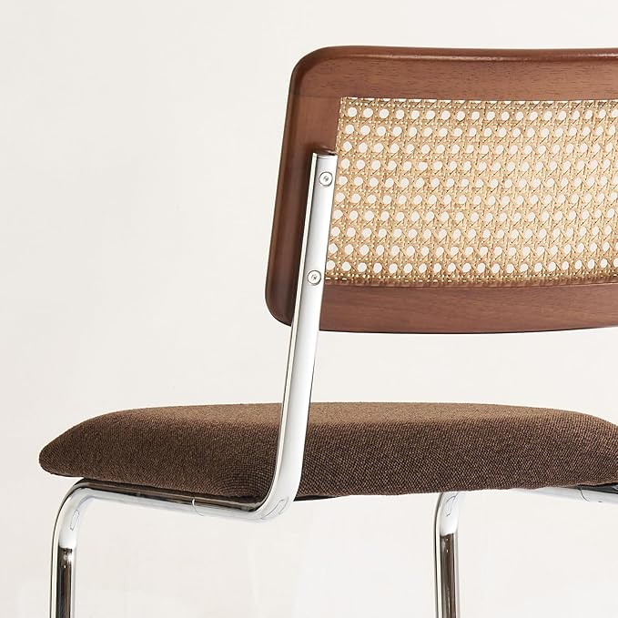 Natural Rattan Counter Height Stools Set of 3 with Solid Wood Back, 24 Inch Mid Century Modern Cesca Bar Stools, Brown Upholstery Boho Stool for Kitchen Counter with Chrome Metal Legs