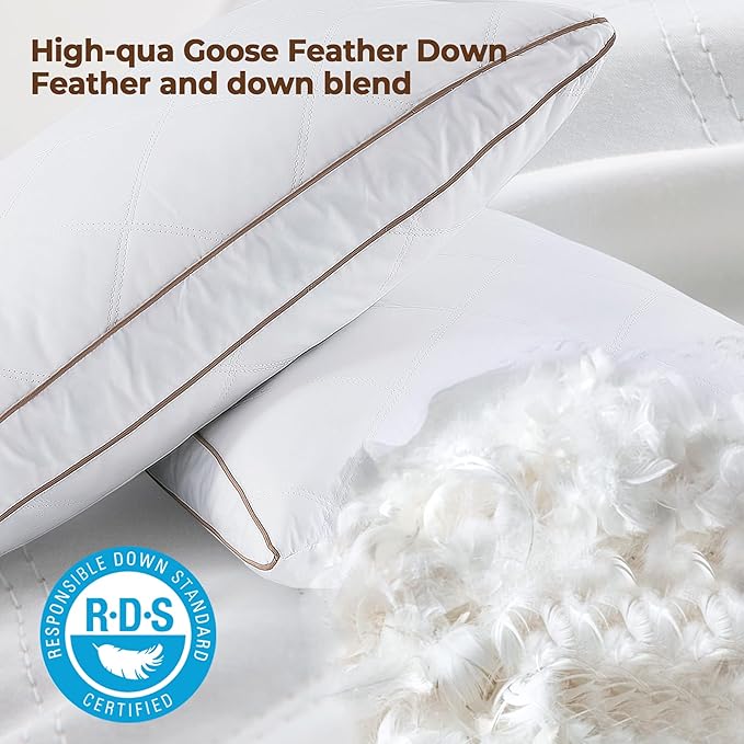 WOLKI Goose Down Feather Pillows, Pillows Standard Size Set of 2, 100% Soft Cotton Cover Bed Pillows, Hotel Pillow for Back, Stomach or Side Sleepers