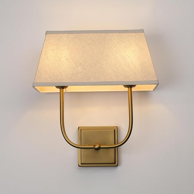 Vintage 2-Lights Wall Sconces with Linen Fabric Lampshade, Double Head Bathroom Vanity Lights Fixture in Antique Brass, Indoor Wall Lamps for Bedroom Living Room Hallway Stairway
