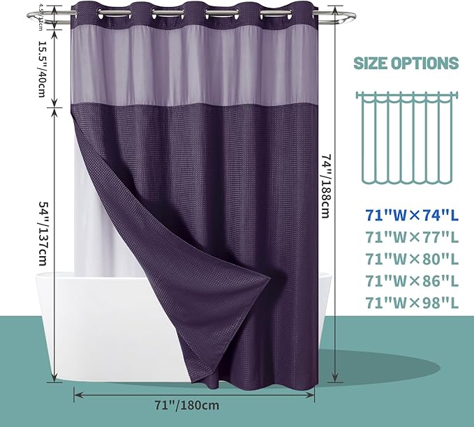 Purple No Hook Waffle Weave Shower Curtain with snap-in Liner Replacement, 230GSM Waterproof Fabric Hotel Shower Curtain Set for Bathroom, Through Mesh Top Window,71Wx74H