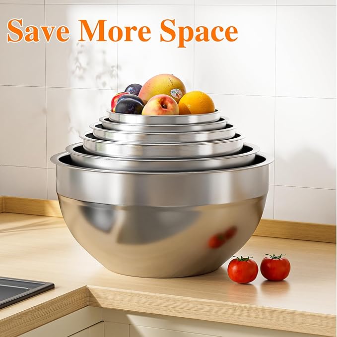 Mixing Bowls with Lids Set, 6 PCS Stainless Steel Mixing Bowls with 3 Grater Attachments, Kitchen Food Organizers Nesting Mixing Bowl, Large Size 4.5, 3.5, 2.1, 1.5, 1.1, 0.7QT-Colorful