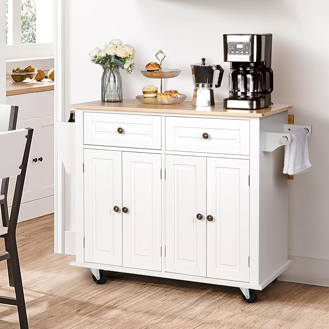 VOWNER 43" W Kitchen Island with Drop Leaf, Rolling Kitchen Island with Drawers, Floating Kitchen Cart with Spice Rack & Towel Rack, Portable Island Kitchen with Storage, Isla para Cocina (White)