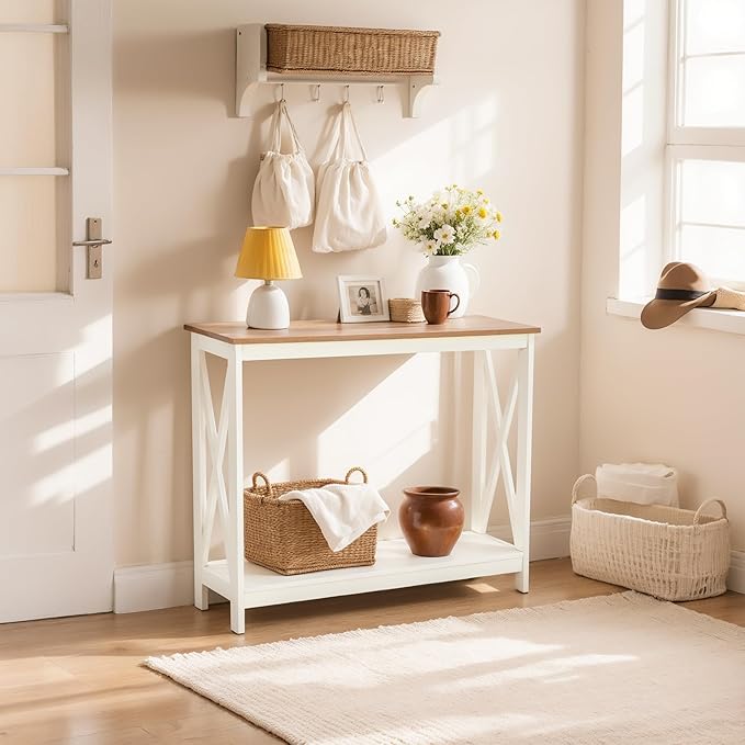 ALPHA HOME Console Table for Entryway, 2 Tier Storage Shelf Farmhouse Entryway Table, X-Shaped Design Narrow Sofa Table for Hallway, Living Room, Ivory