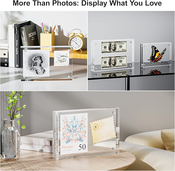 3 Pack 6x8 Acrylic Picture Frames - 20% Thicker Double Sided Magnetic Frame with UV Protection - Freestanding Clear Frameless Display for Tabletops - Modern Photo Frame Set for Home & Office Decor