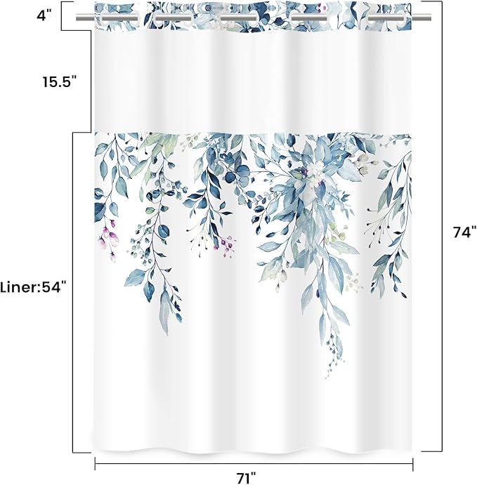 No Hook Shower Curtain with Snap in Liner - Eucalyptus Shower Curtain - Washable Waterproof Inner Liner, Plants Blue Leaves Modern Shower Curtains - Machine Washable, 71 x 74