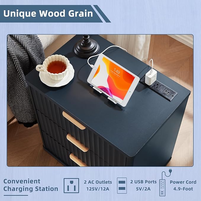 LEYAOYAO 23" Wide Fluted Night Stand with Charging Station, 3 Drawers Large End Table with Storage, Navy Blue Nightstand Wood Bedside Tables, Farmhouse Cabinet Dresser for Bedroom,Closet