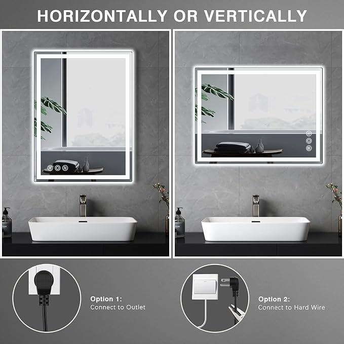 LED Mirror for Bathroom 20"x 28" with Frontlit and Backlit, Anti-Fog Mirror with Lights, Stepless 3 Colors Temperature & Dimmable Bathroom Mirror, Memory Tempered Glass Mirror for Bathroom