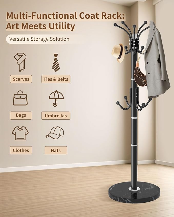 EZIVIEZ Modern Coat Rack Stand, Metal Freestanding Coat Rack with Natural Marble Base, Coat Racks with Umbrella Holder,Coat Hanger Stand with 12 Hooks for Office, Entryway (Black-360° Rotary 14 Hooks)