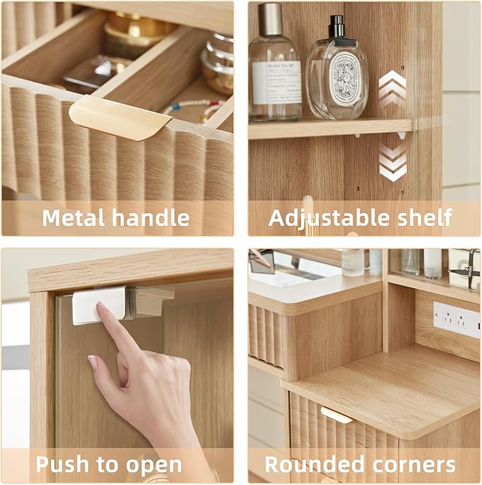 LEYAOYAO Vanity Desk with Mirror and Lights, 43.5'' Fluted Makeup Vanity with 6 Drawers and Adjustable Shelves, Natural Wood Make Up Vanity Dressing Table with Glass Top and Power Outlet for Bedroom