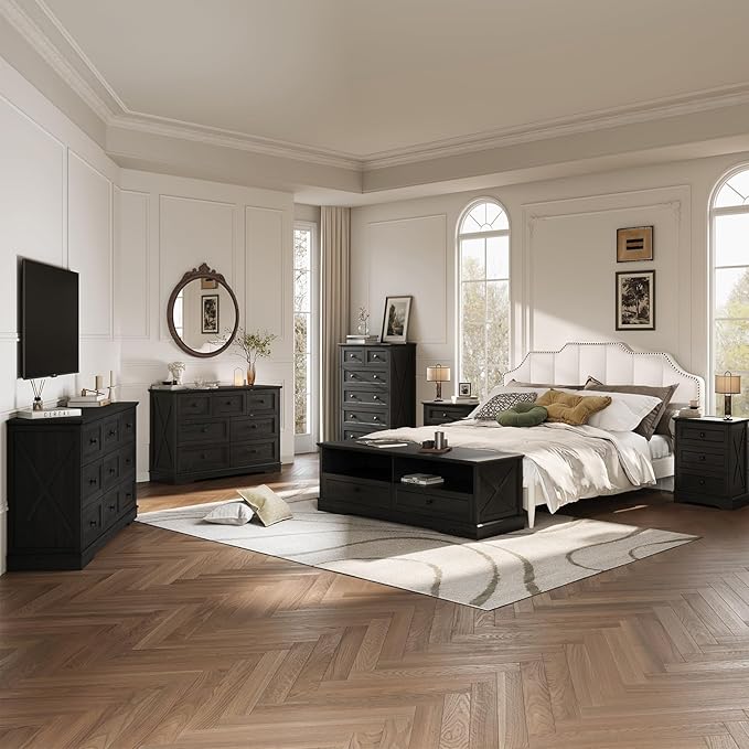 Farmhouse 9 Drawers Dresser Chests for Bedroom, Black 9 Drawers TV Stand, Long Wood Dressers Organizer for Closet, Modern Storage Organizer Cabinet for Bedroom, Hallway & Entryway