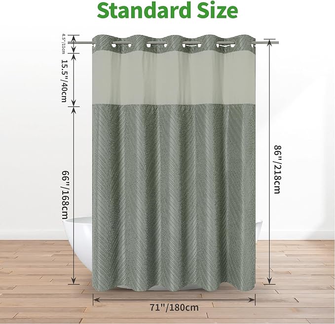no Hook Shower Curtain and Liner Set,Boho Style with See Through Top Window, SageGreen Fabric Tufted Striped Textured Outer Curtain & Waterproof Inner Liner, SageGreen, 71Wx86H