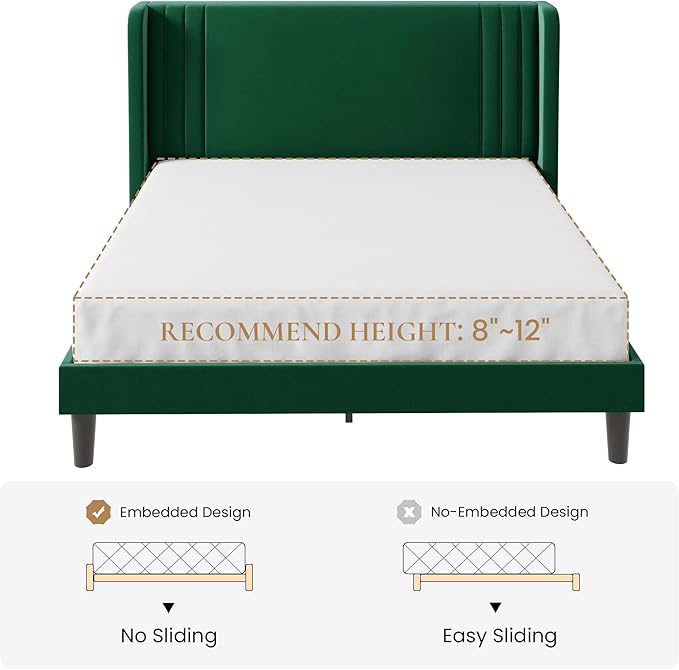 SHA CERLIN Queen Size Velvet Upholstered Platform Bed Frame with Vertical Channel Tufted Wingback Headboard, Wooden Slats Support, Easy Assembly, Under Bed Storage, No Box Spring Required, Green