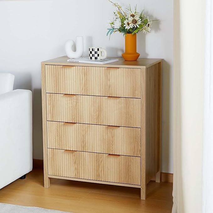 Fluted 4 Drawer Tall Dresser for Bedroom, Mid Century Modern Nightstand with Drawers, Tall Bedside Table for Closet Cloth, Living Room End Table with Storage for Dorm -Natural