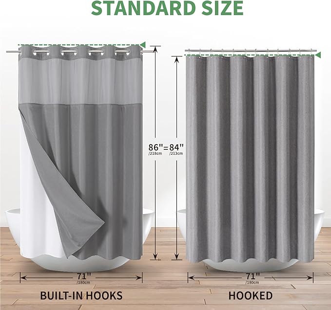 Extra Long No Hook Shower Curtain with Snap-in Fabric Liner Set,Slub Textured Fabric Shower Curtains for Bathroom,Hotel Style Modern Shower Curtain,Water Repellent & Washable,71x86(84),Grey