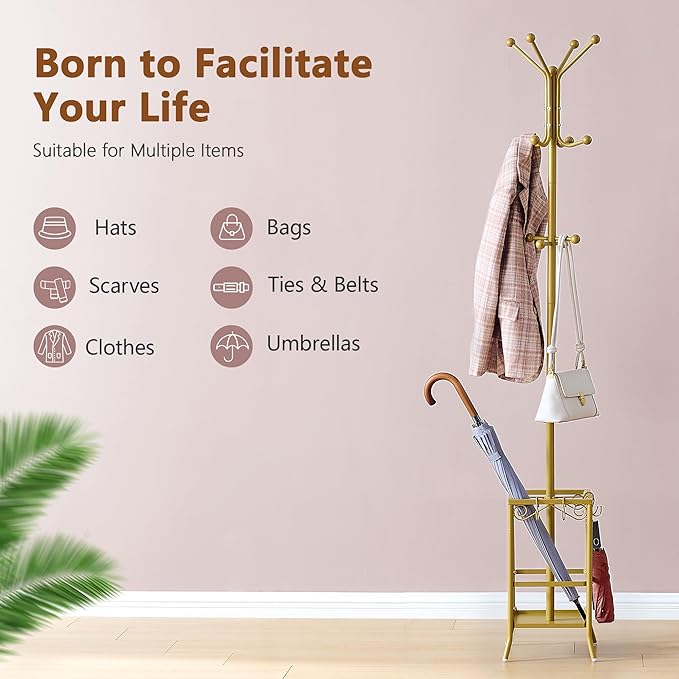 Hoctieon Coat Rack Freestanding, Coat Tree with Umbrella Holder, Metal Coat Rack Stand with 12 Hooks, Standing Coat Hanger Stand, Umbrella Stand for Entryway, Hat Rack Stand for Home Office, Gold
