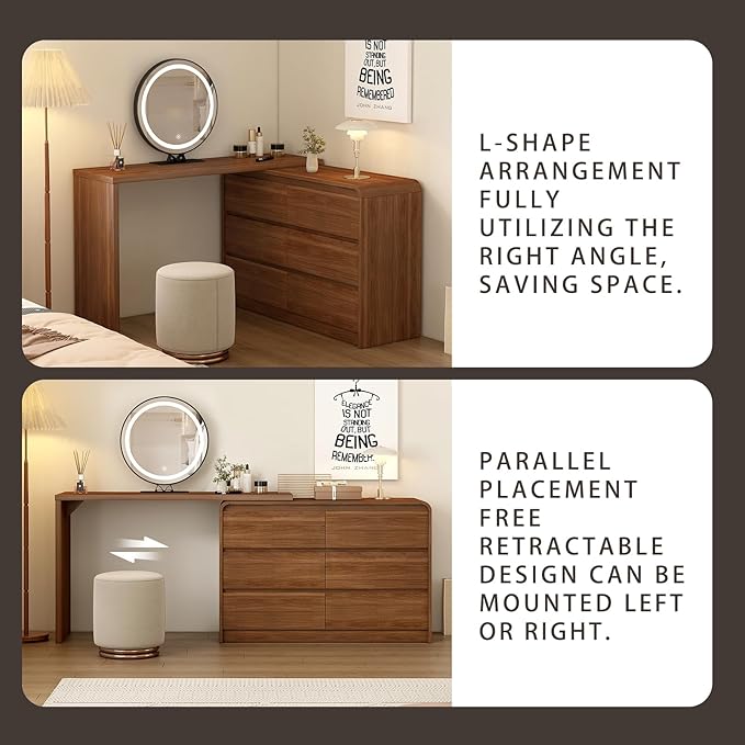 Makeup Vanity Desk with Full Aluminum HD Lighted Mirror, 50-90in Extendable Modern Vanity Table Set with Chair, 6-Drawer Storage Cabinet with Rounded Corners, Bedroom Dressing Table, Brown