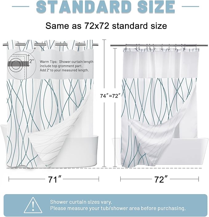 No Hook Navy Blue Striped Shower Curtain with Snap in Fabric Liner Set - Hotel Shower Curtain and Liner Set with See Through Mesh Top Window,Machine Washable, 71x74 INCH