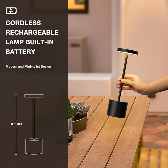 Cordless Table Lamp, 4000mAh Rechargeable Battery Powered Lamps, 3 Color Stepless Dimming, LED Wireless Outdoor Lamps for Dining Room, Bedroom, Bar, Cafe, Restaurant, Patio, Camping, Set of 2- Black