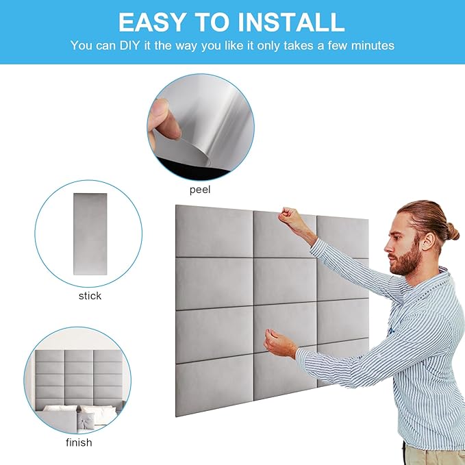 Upholstered Wall Mounted Headboard, 3D Soundproof Panels Peel and Stick for King Size, Adjustable Bed, Tufted, Light Grey (12 Panels, 10" x 24")