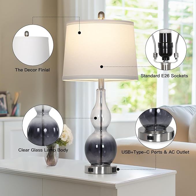 27.5" Gradual Gray Clear Glass Table Lamp Set of 2,3-Way Dimmable Touch Control Bedside Lamps with USB Ports and AC Outlet, Modern Nightstand Lamps for Bedroom Living Room