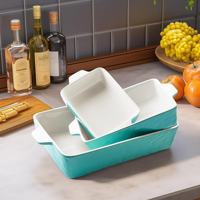 Casserole Dishes for Oven, Ceramic Baking Dishes, Lasagna Pan with Handles, Porcelain Baking Pan Deep, Bakeware for Baking, Cooking, Wedding Gift, Set of 3 (11.6" x 7.8", Aquamarine)