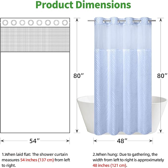 stall no Hook Tufted Shower Curtain with snap in Liner Set, White Waterproof Fabric Inner Liner,Boho Style Shower Curtain with See Through top Window, FrostBlue, 54Wx80H