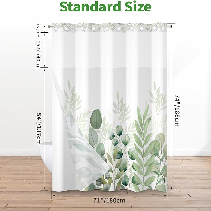 No Hook Shower Curtain with Snap in Liner, Sage Green Eucalyptus Leaf Heavy Duty See Through Window Waterproof Machine Washable Bathroom Curtain 71" W x 74" L (Pack of 1)