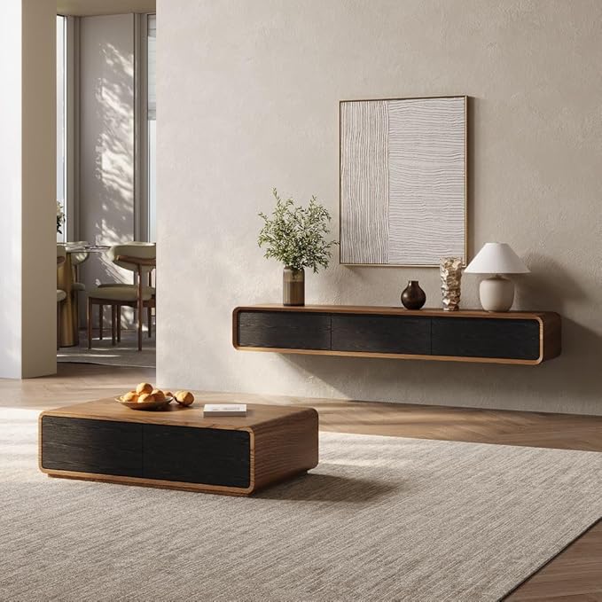 POVISON Fully-Assembled Minimalist Floating TV Stand, Modern Wall-Mounted Entertainment Center with 3 Flip-Down Cabinet Doors, Solid Wood Media Console, 70.87"